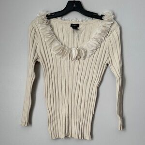 Cream Ribbed Sweater with Ruffle Collar Silk Blend size L